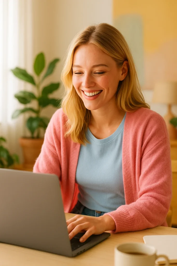 Une jeune femme blonde souriante, assise à un bureau en bois clair, lit un article de blog sur son ordinateur portable dans un intérieur lumineux et chaleureux.