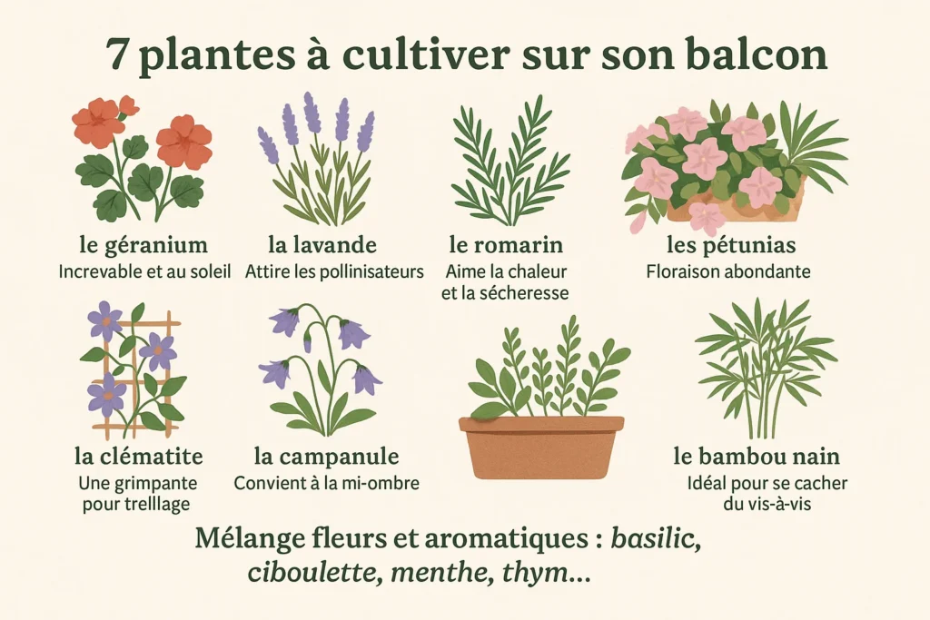 Infographie illustrée présentant 7 plantes pour balcon faciles à cultiver : géranium, lavande, romarin, pétunia, clématite, campanule et bambou nain.