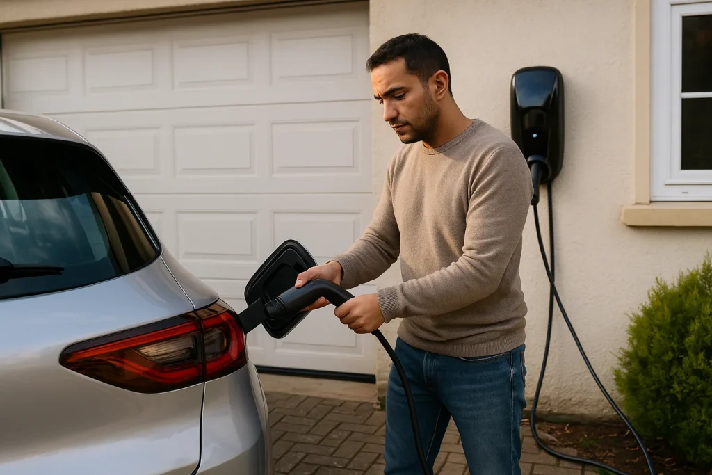 Un homme en train d’installer une borne de recharge pour voiture électrique devant son domicile