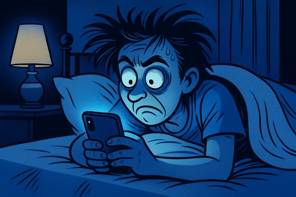 Une personne qui n'arrive pas à bien dormir car elle est très absorbée par l'écran de son téléphone