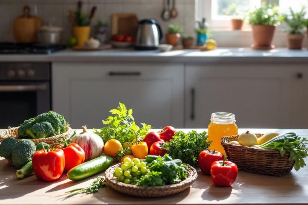Table de cuisine baignée de lumière avec des légumes frais, des herbes et des aliments bons pour le moral disposés naturellement
