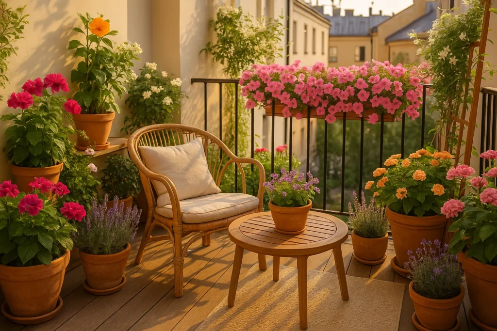Charmant balcon fleuri avec des plantes pour balcon et un petit coin détente ensoleillé, idéal pour créer un jardin en ville.