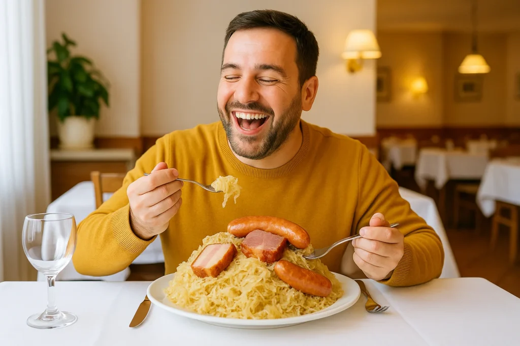 Un homme heureux savourant une immense choucroute au restaurant, illustrant avec humour les aliments bons pour le moral