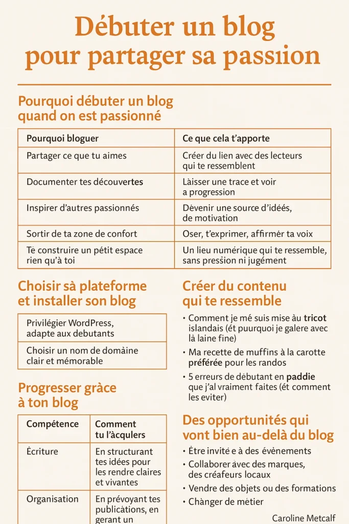 Infographie : débuter un blog pour partager sa passion – raisons de bloguer, conseils de plateforme, idées de contenu, compétences acquises et opportunités à long terme.