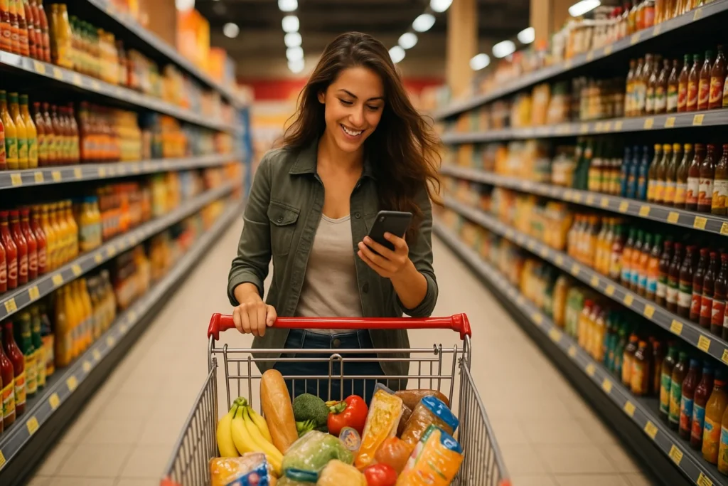 Jeune femme souriante poussant un caddie rempli de provisions dans un supermarché, tout en consultant son téléphone pour économiser sur les courses