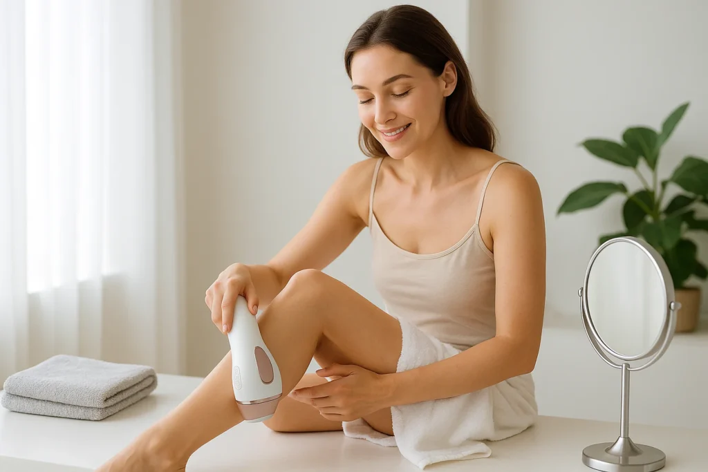 Femme souriante utilisant l’un des épilateurs laser 2025 sur sa jambe dans une salle de bain lumineuse et minimaliste
