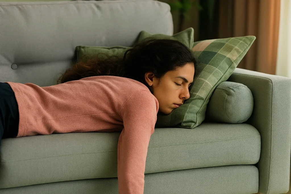 Jeune femme allongée sur un canapé, illustrant la fatigue persistante de manière réaliste et humoristique