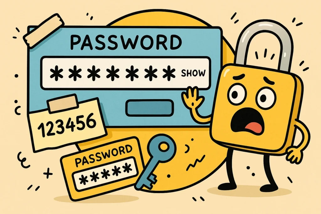 Mot de passe faible 123456 affiché sur un post-it, avec un cadenas cartoon paniqué devant un écran de connexion