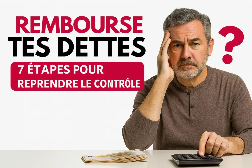 Homme préoccupé assis devant une calculatrice et des billets, avec le texte 'Rembourser ses dettes - 7 étapes pour reprendre le contrôle'