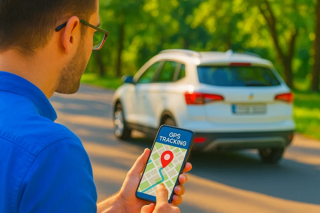 Homme utilisant une application de suivi GPS sur son téléphone pour localiser une voiture équipée d’un traceur GPS