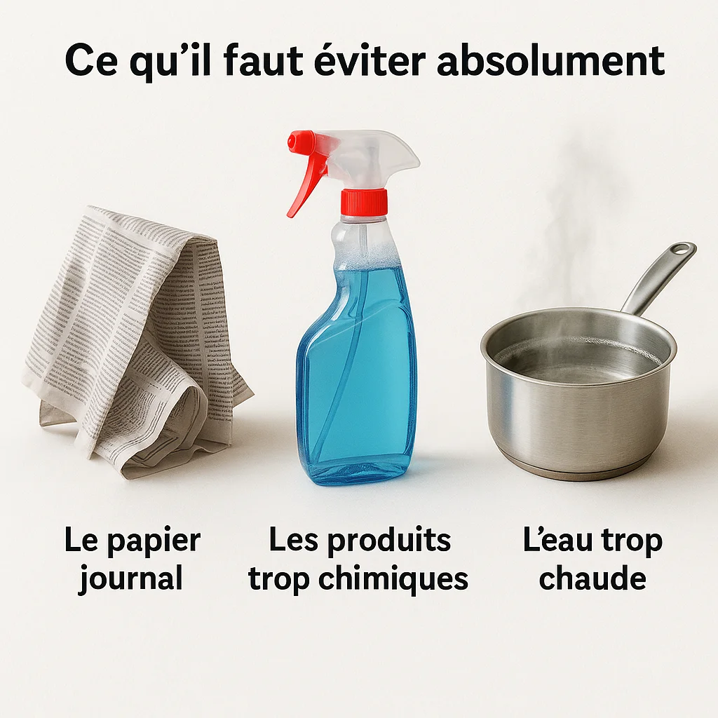 Infographie montrant les erreurs à éviter pour nettoyer les vitres sans traces : papier journal, produits chimiques, eau trop chaude