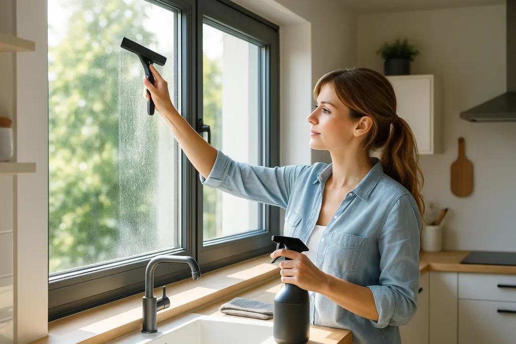 Femme en train de nettoyer les vitres sans traces dans une cuisine lumineuse avec un chiffon microfibre