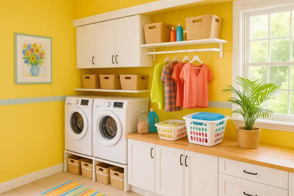 Aménager une buanderie moderne lumineuse et colorée avec rangements et paniers de linge
