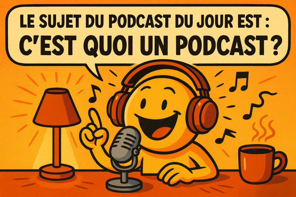 Illustration humoristique d’un personnage souriant avec un casque et un micro enregistrant un podcast, avec le texte : Le sujet du podcast du jour est C’est quoi un podcast ?