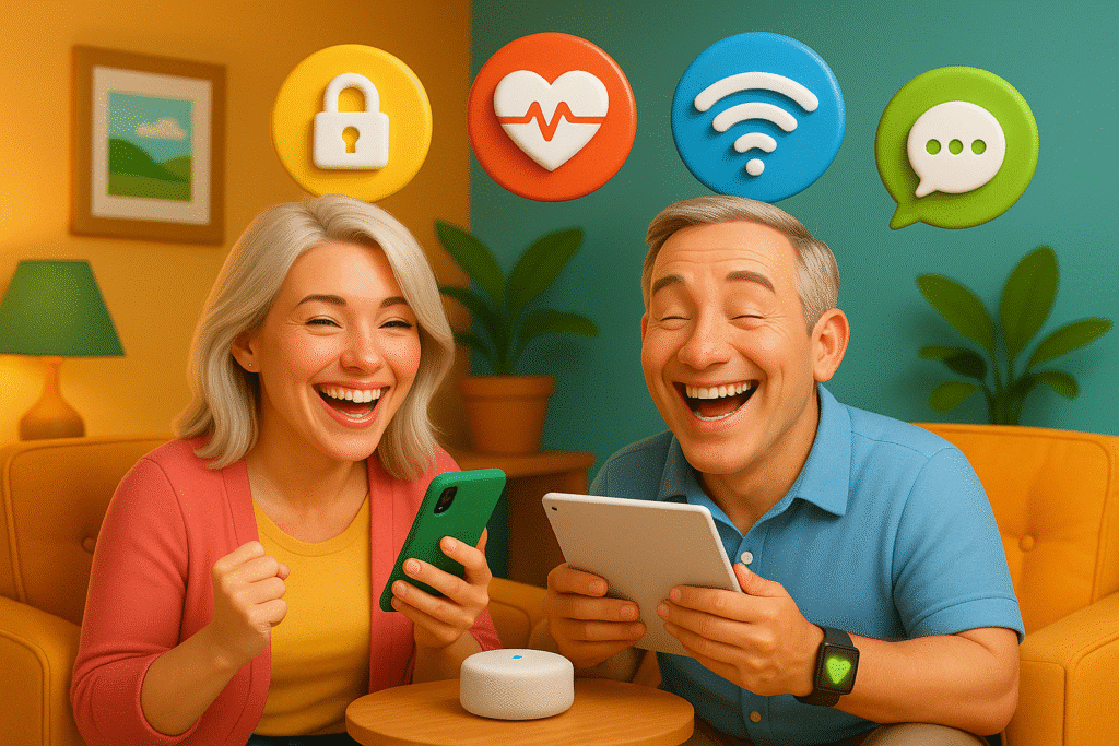Couple de seniors modernes de 55 ans utilisant des objets connectés, souriants dans un salon coloré avec smartphone, tablette et enceinte vocale.