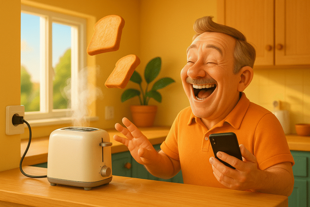 Homme de 60 ans riant dans sa cuisine en contrôlant à distance un grille-pain avec une prise connectée via son smartphone, tartines sautant en l’air, scène lumineuse et humoristique