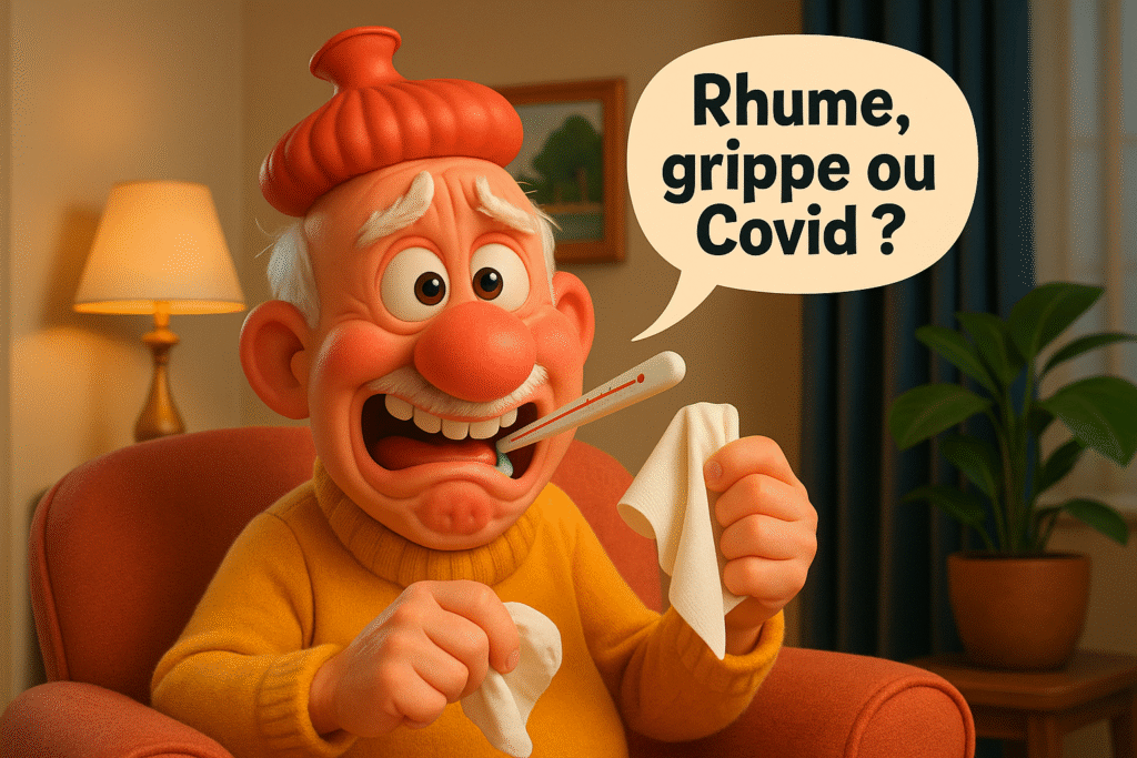 Illustration cartoon 3D humoristique d’un senior malade dans son salon se demandant Rhume vs grippe vs Covid
