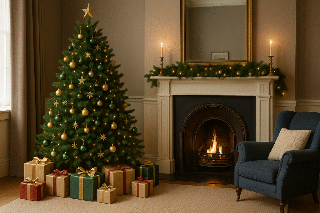 Quel sapin choisir pour noel ? Un sapin de Noël en style anglais, décoré avec élégance dans un salon cosy et raffiné